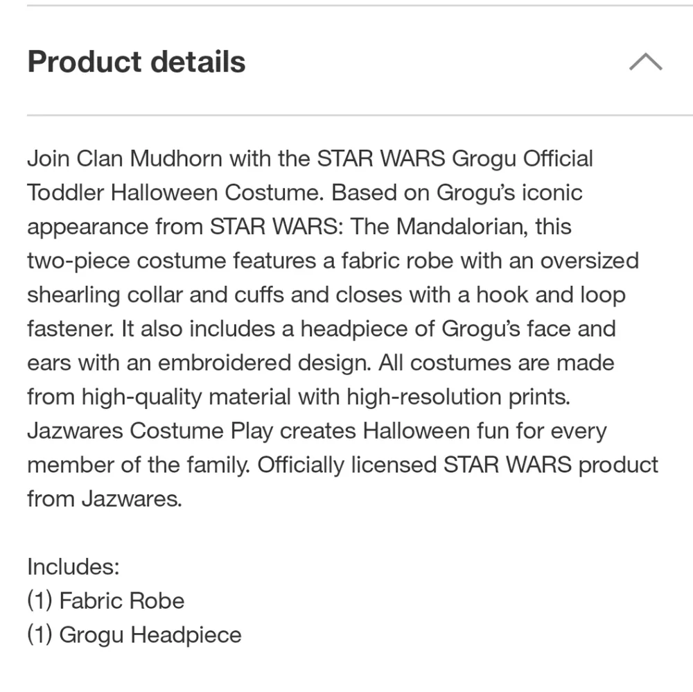 NWT Jazwares Star Wars The Mandalorian Grogu Toddler Halloween Costume S…